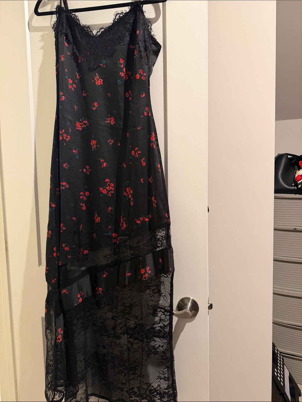 LOFT Black Maxi Slip Dress with Red Floral Print and Lace